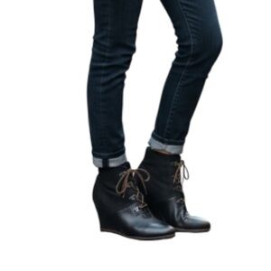 FRANCO SARTO Derby Black Wedge Lace Up Boots Pebble Grain Nubuck Leather Edgy 12